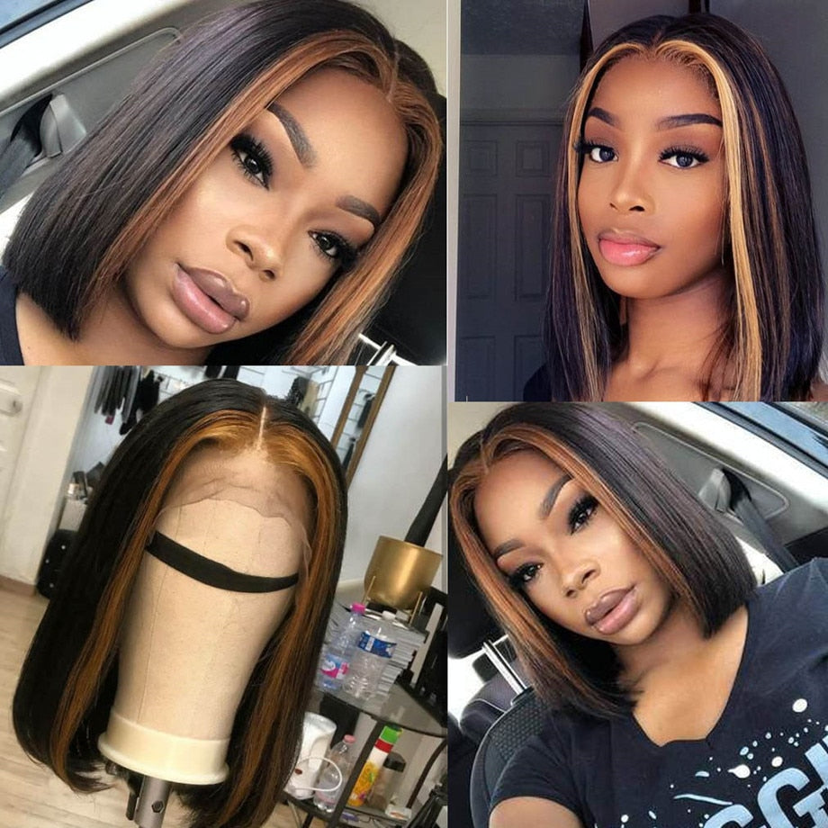 Short Bob Wig Human Hair Wigs Brazilian Straight Highlight Wig Ombre Colored Human Hair/ Natural T Part Lace Bob Wig - Flawlessly Exquisite