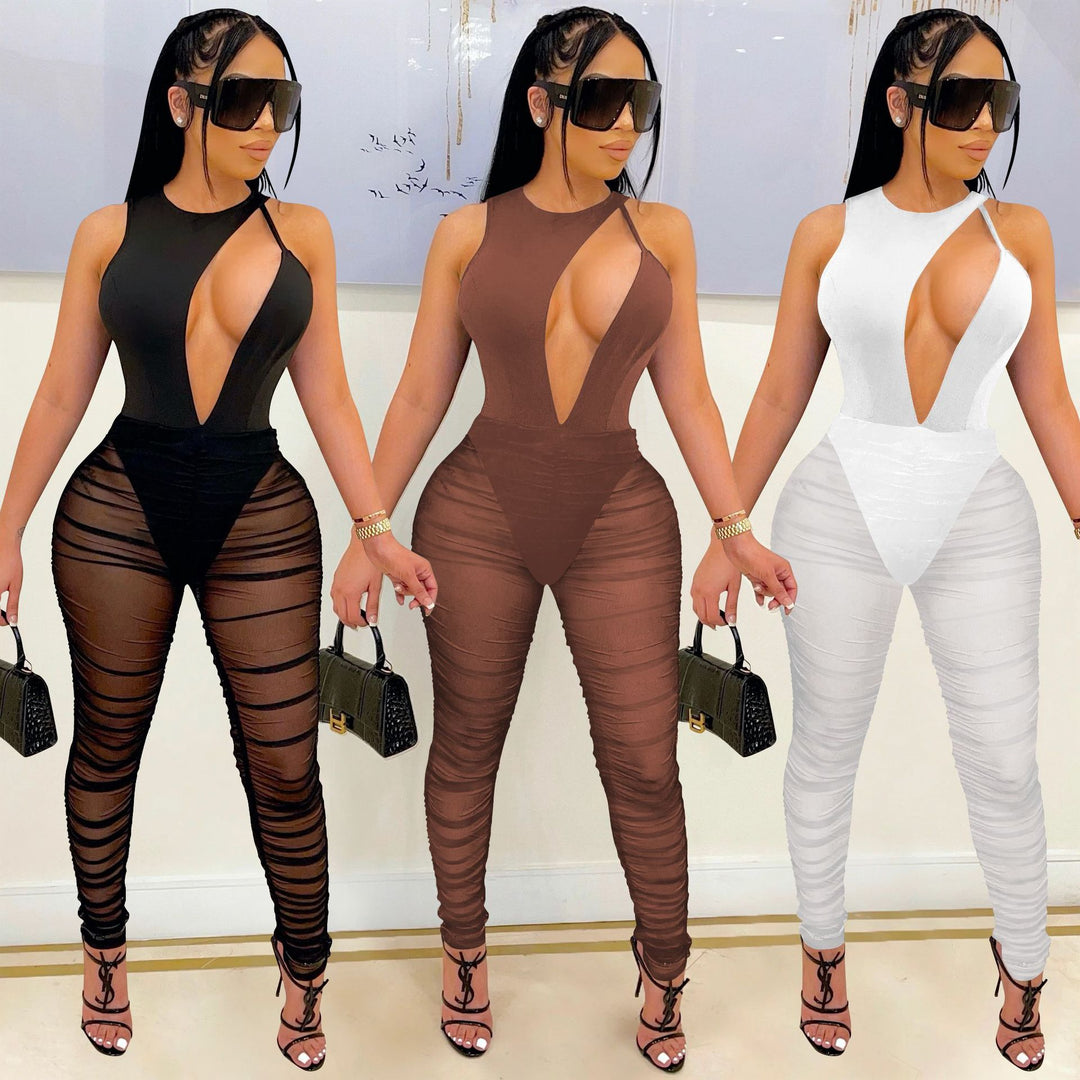 Sexy Sheer Mesh Patchwork Black White Jumpsuit - Flawlessly Exquisite