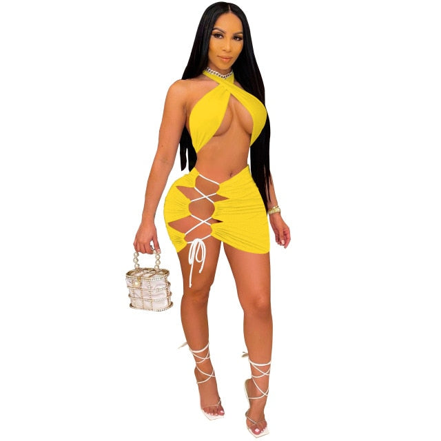 2 Piece Set Women Summer Club Outfits Backless Mini Skirts - Flawlessly Exquisite