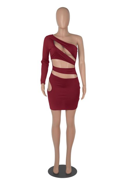 Sexy Hollow Out One Shoulder Long Sleeve Solid Mini Elegant Dress - Flawlessly Exquisite